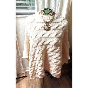 Cocogiò Chunky Cable knit Wool blend Ivory Poncho Cape O/S Cottagecore Coquet